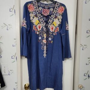 Johnny Was Workshop Blue Floral Embroidered KITTI LACE UP Dress/Tunic